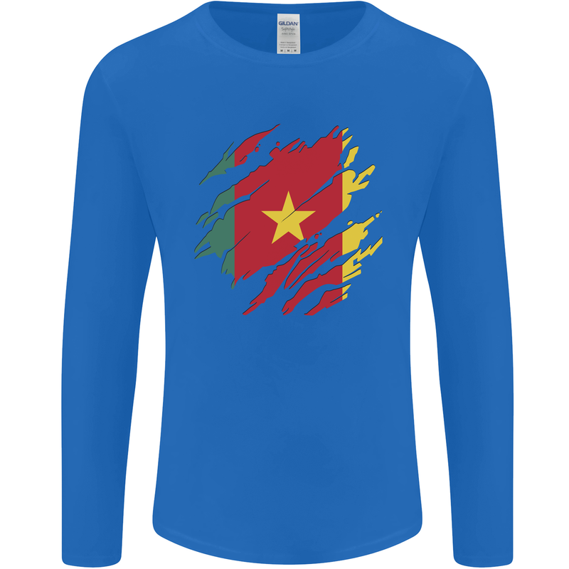 Torn Cameroon Flag Cameroonian Day Football Mens Long Sleeve T-Shirt Royal Blue