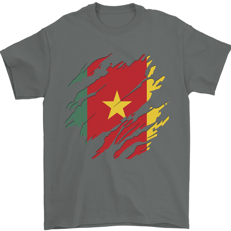 Torn Cameroon Flag Cameroonian Day Football Mens T-Shirt 100% Cotton Charcoal