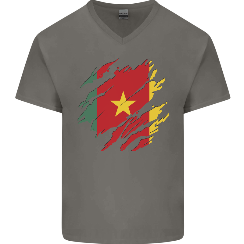 Torn Cameroon Flag Cameroonian Day Football Mens V-Neck Cotton T-Shirt Charcoal
