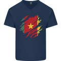 Torn Cameroon Flag Cameroonian Day Football Mens V-Neck Cotton T-Shirt Navy Blue