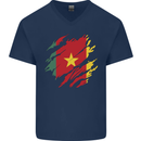 Torn Cameroon Flag Cameroonian Day Football Mens V-Neck Cotton T-Shirt Navy Blue
