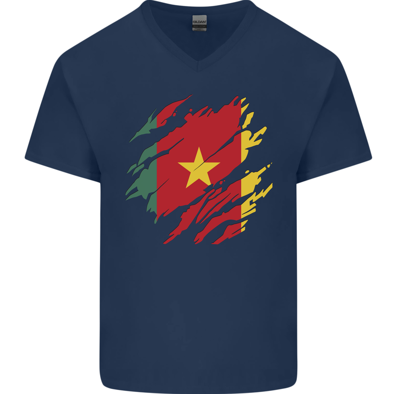 Torn Cameroon Flag Cameroonian Day Football Mens V-Neck Cotton T-Shirt Navy Blue