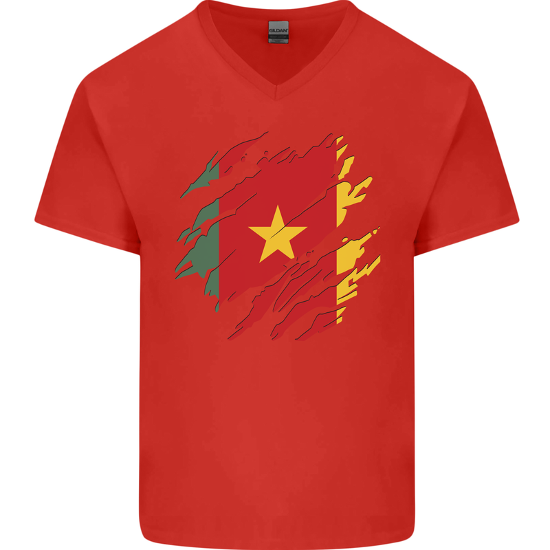 Torn Cameroon Flag Cameroonian Day Football Mens V-Neck Cotton T-Shirt Red