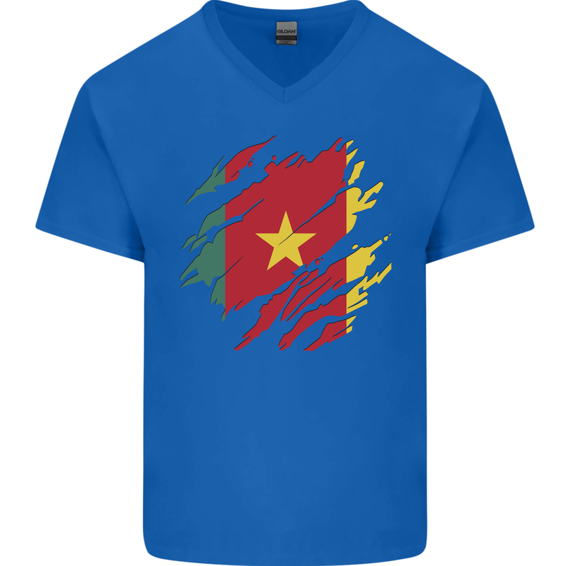 Torn Cameroon Flag Cameroonian Day Football Mens V-Neck Cotton T-Shirt Royal Blue