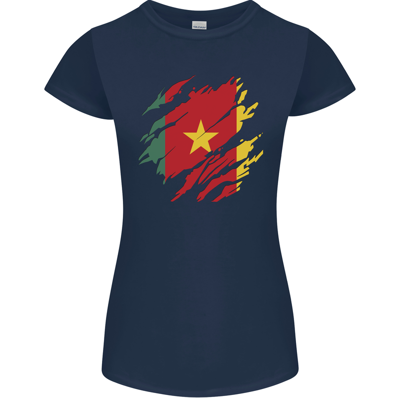 Torn Cameroon Flag Cameroonian Day Football Womens Petite Cut T-Shirt Navy Blue