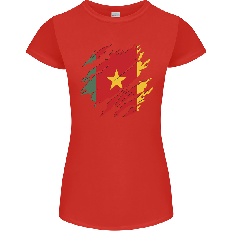 Torn Cameroon Flag Cameroonian Day Football Womens Petite Cut T-Shirt Red