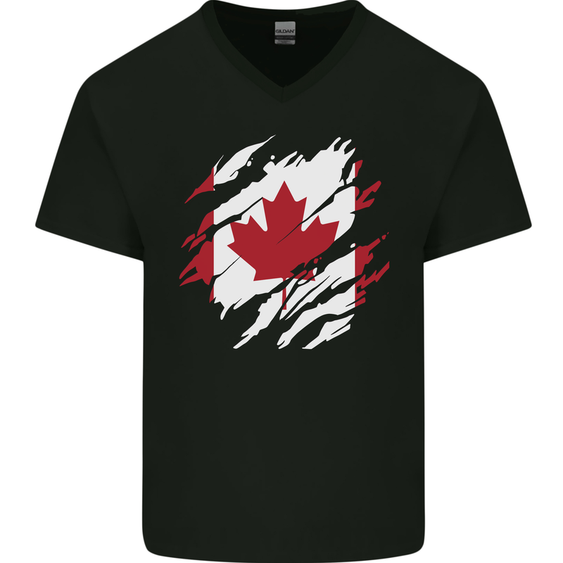 Torn Canada Flag Canadian Day Football Mens V-Neck Cotton T-Shirt Black