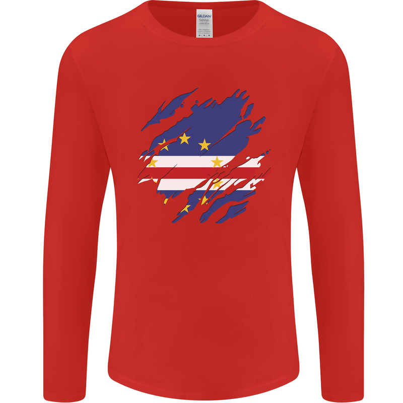 Torn Cape Verde Flag Verdean Day Football Mens Long Sleeve T-Shirt Red
