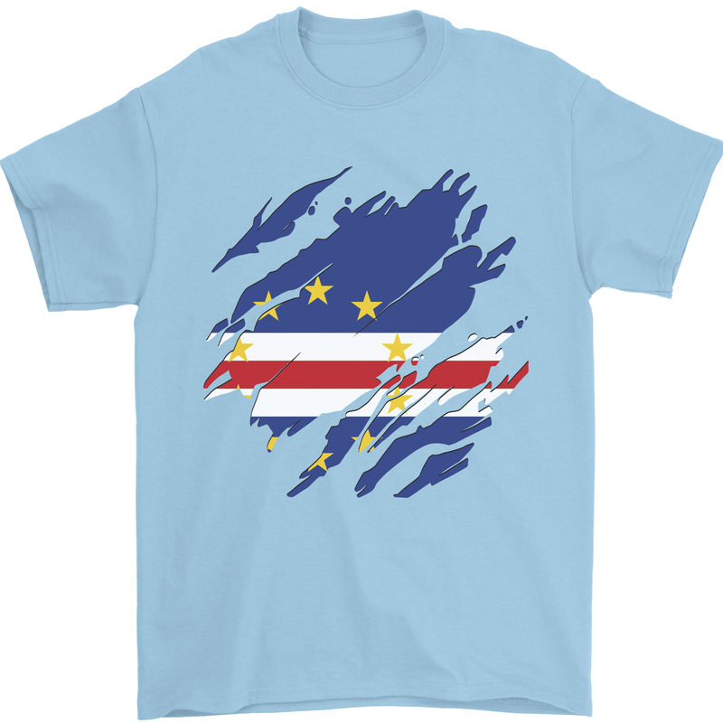 Torn Cape Verde Flag Verdean Day Football Mens T-Shirt 100% Cotton Light Blue