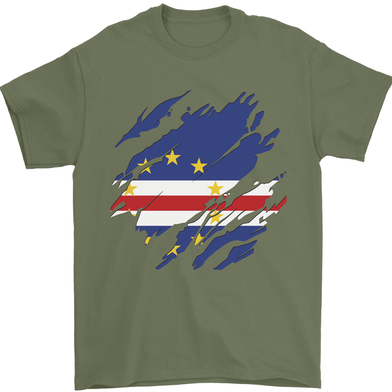 Torn Cape Verde Flag Verdean Day Football Mens T-Shirt 100% Cotton Military Green