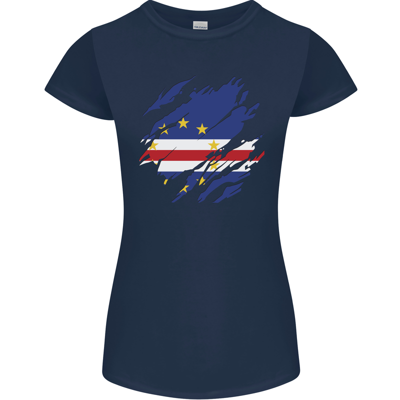 Torn Cape Verde Flag Verdean Day Football Womens Petite Cut T-Shirt Navy Blue