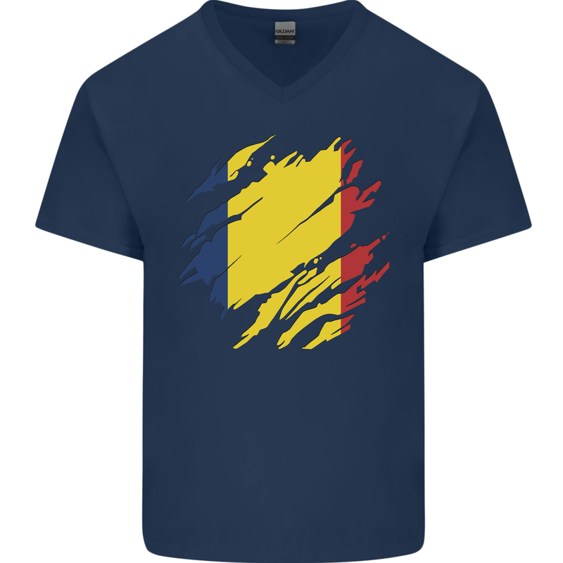 Torn Chad Flag Chadian Day Football Mens V-Neck Cotton T-Shirt Navy Blue