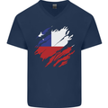 Torn Chile Flag Chilean Day Football Mens V-Neck Cotton T-Shirt Navy Blue