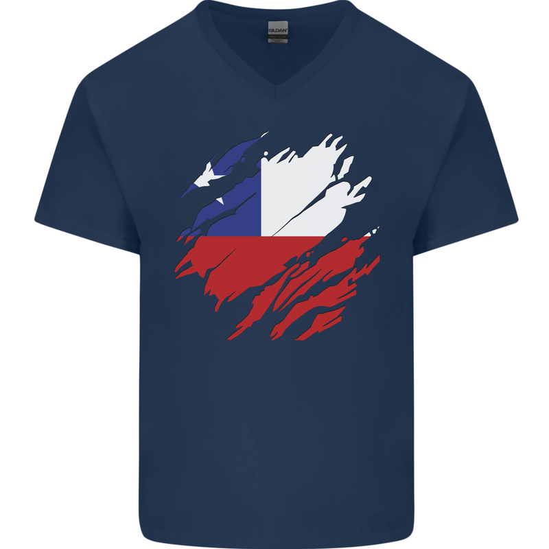 Torn Chile Flag Chilean Day Football Mens V-Neck Cotton T-Shirt Navy Blue