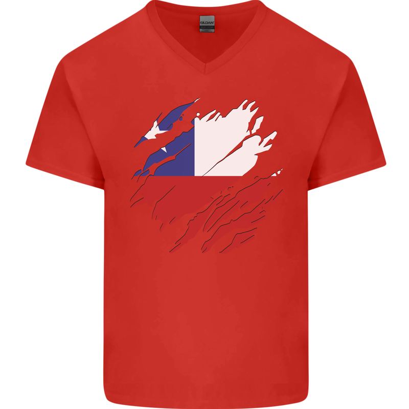 Torn Chile Flag Chilean Day Football Mens V-Neck Cotton T-Shirt Red