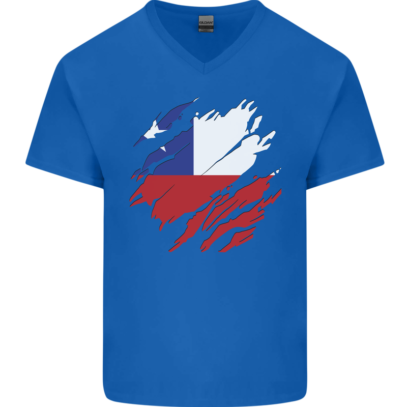 Torn Chile Flag Chilean Day Football Mens V-Neck Cotton T-Shirt Royal Blue