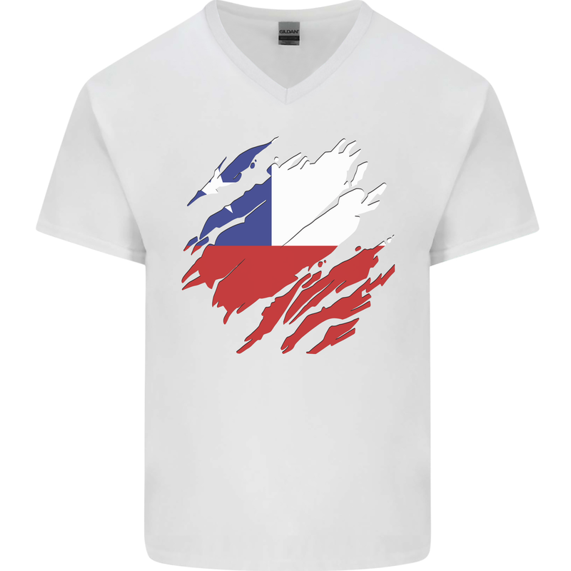 Torn Chile Flag Chilean Day Football Mens V-Neck Cotton T-Shirt White