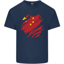 Torn China Flag Chinese Day Football Kids T-Shirt Childrens Navy Blue