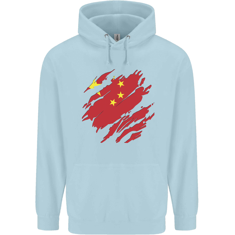 Torn China Flag Chinese Day Football Mens 80% Cotton Hoodie Light Blue