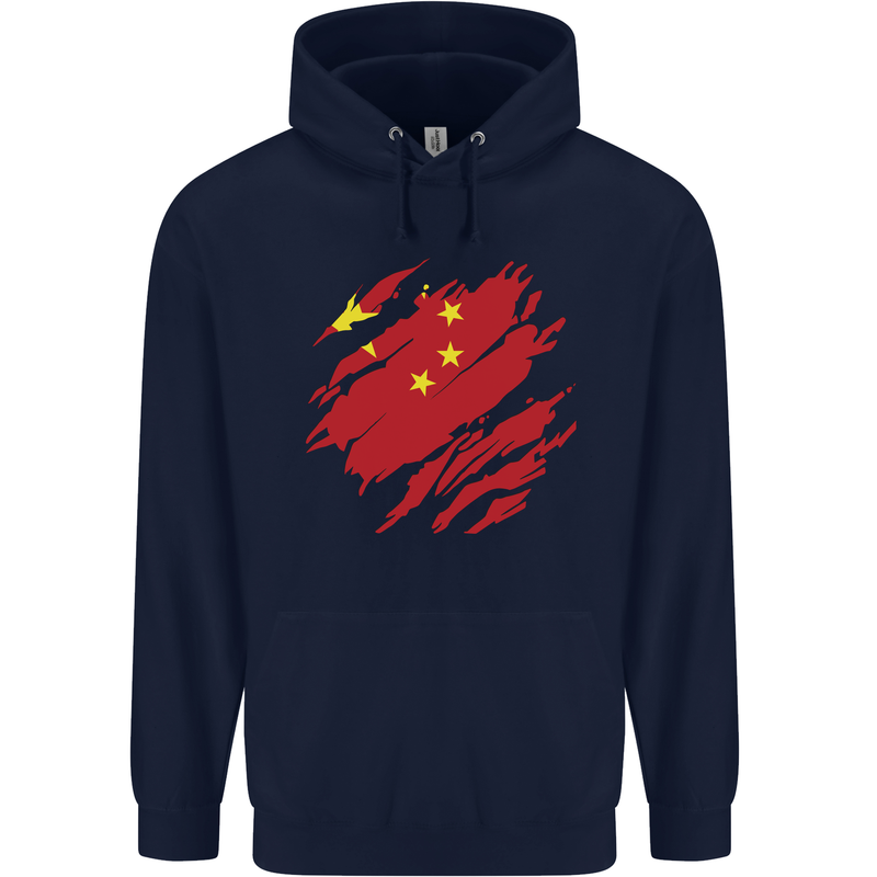 Torn China Flag Chinese Day Football Mens 80% Cotton Hoodie Navy Blue
