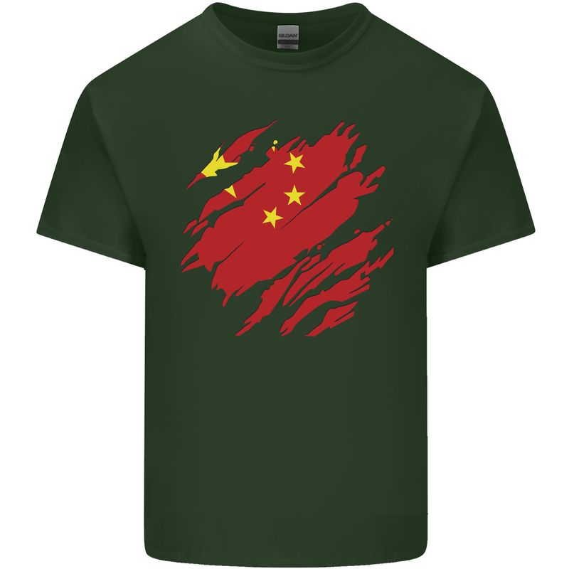 Torn China Flag Chinese Day Football Mens Cotton T-Shirt Tee Top Forest Green