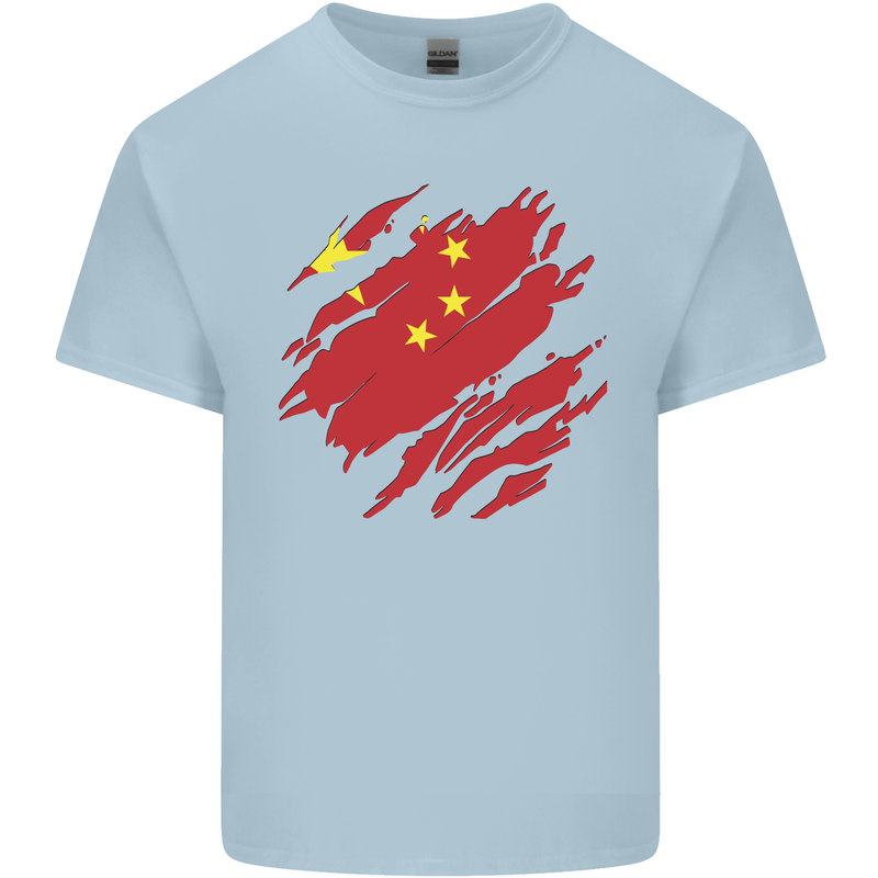 Torn China Flag Chinese Day Football Mens Cotton T-Shirt Tee Top Light Blue