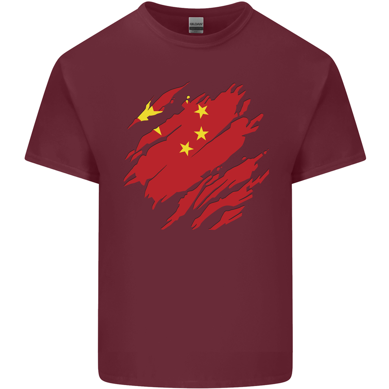 Torn China Flag Chinese Day Football Mens Cotton T-Shirt Tee Top Maroon