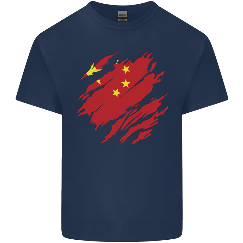 Torn China Flag Chinese Day Football Mens Cotton T-Shirt Tee Top Navy Blue