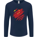 Torn China Flag Chinese Day Football Mens Long Sleeve T-Shirt Navy Blue