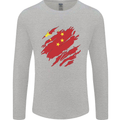 Torn China Flag Chinese Day Football Mens Long Sleeve T-Shirt Sports Grey