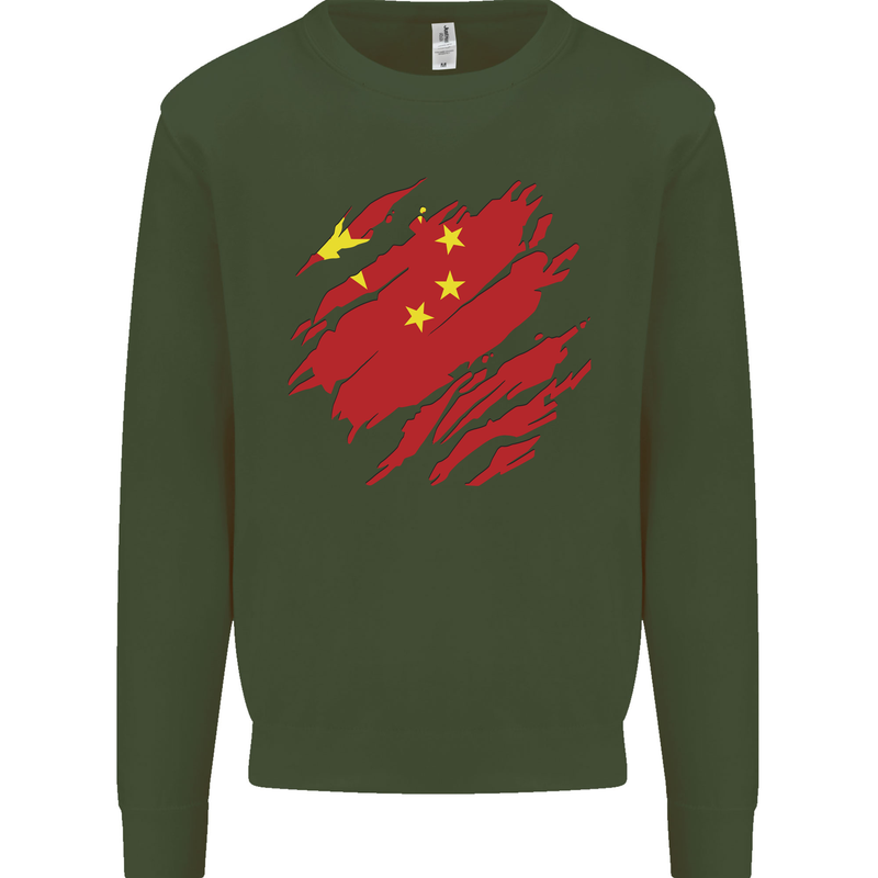 Torn China Flag Chinese Day Football Mens Sweatshirt Jumper Forest Green
