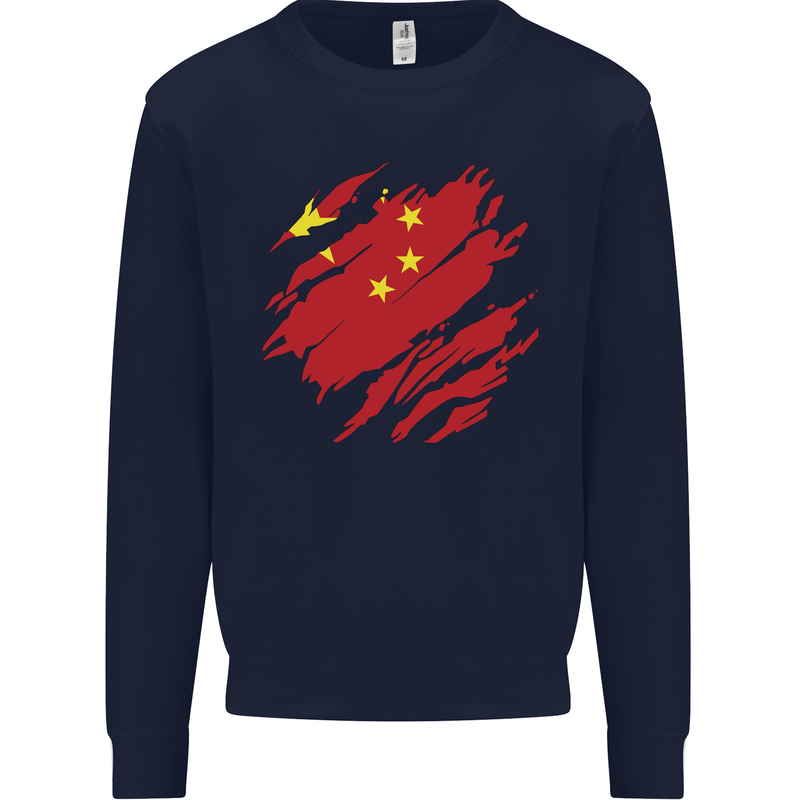 Torn China Flag Chinese Day Football Mens Sweatshirt Jumper Navy Blue