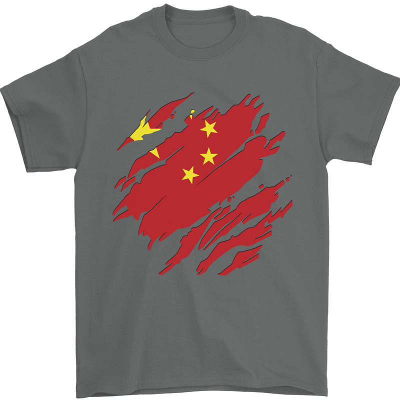 Torn China Flag Chinese Day Football Mens T-Shirt 100% Cotton Charcoal