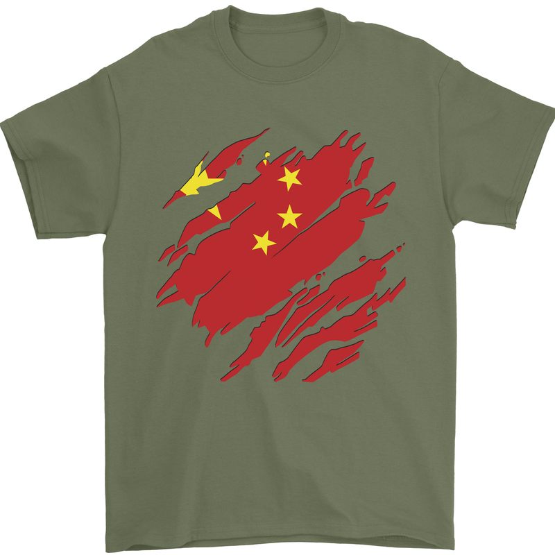 Torn China Flag Chinese Day Football Mens T-Shirt 100% Cotton Military Green