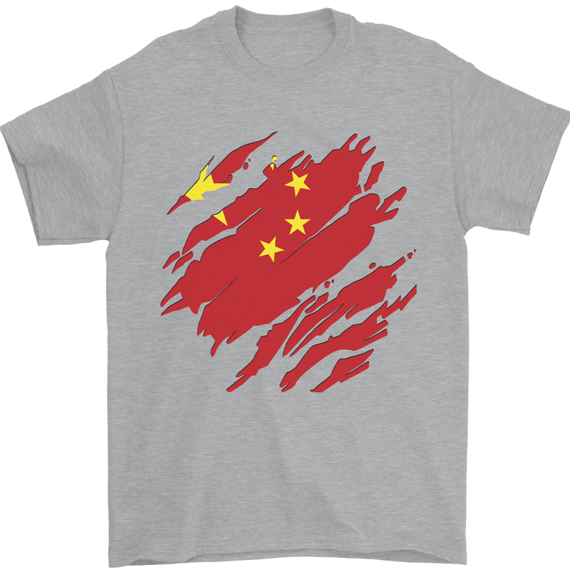 Torn China Flag Chinese Day Football Mens T-Shirt 100% Cotton Sports Grey