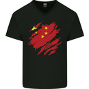 Torn China Flag Chinese Day Football Mens V-Neck Cotton T-Shirt Black