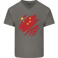 Torn China Flag Chinese Day Football Mens V-Neck Cotton T-Shirt Charcoal
