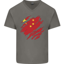 Torn China Flag Chinese Day Football Mens V-Neck Cotton T-Shirt Charcoal