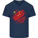 Torn China Flag Chinese Day Football Mens V-Neck Cotton T-Shirt Navy Blue