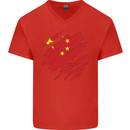 Torn China Flag Chinese Day Football Mens V-Neck Cotton T-Shirt Red