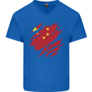 Torn China Flag Chinese Day Football Mens V-Neck Cotton T-Shirt Royal Blue
