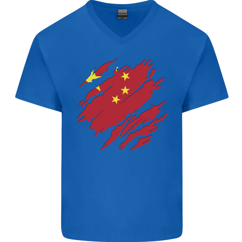 Torn China Flag Chinese Day Football Mens V-Neck Cotton T-Shirt Royal Blue
