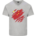 Torn China Flag Chinese Day Football Mens V-Neck Cotton T-Shirt Sports Grey