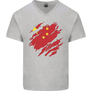 Torn China Flag Chinese Day Football Mens V-Neck Cotton T-Shirt Sports Grey