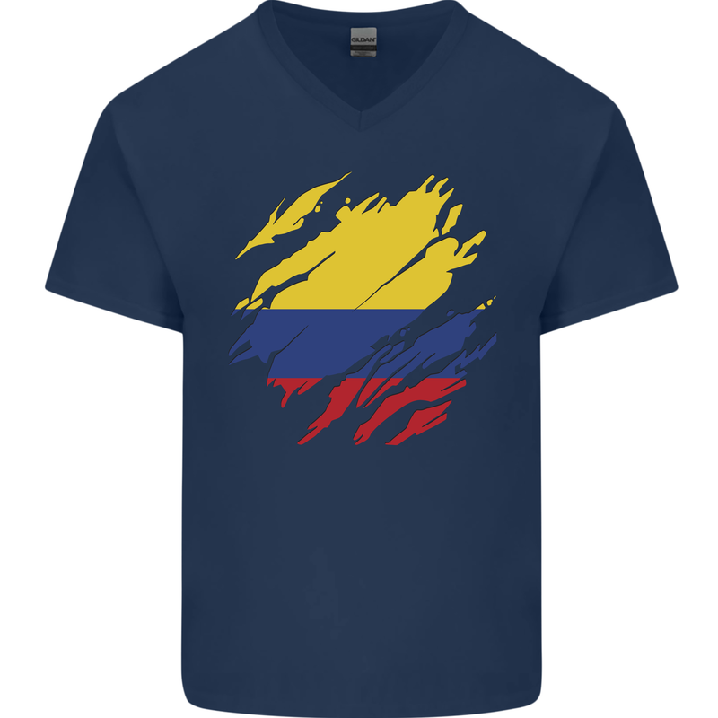 Torn Columbia Flag Columbian Day Football Mens V-Neck Cotton T-Shirt Navy Blue