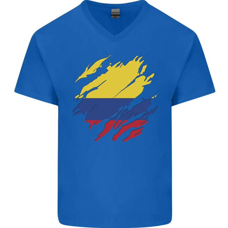 Torn Columbia Flag Columbian Day Football Mens V-Neck Cotton T-Shirt Royal Blue