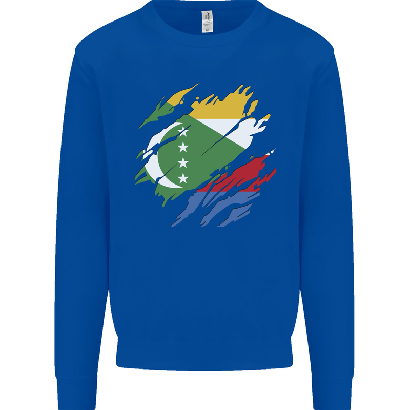 Torn Comoros Flag Comorian Day Football Kids Sweatshirt Jumper Royal Blue