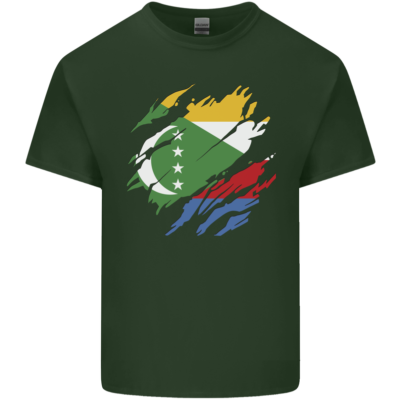 Torn Comoros Flag Comorian Day Football Mens Cotton T-Shirt Tee Top Forest Green