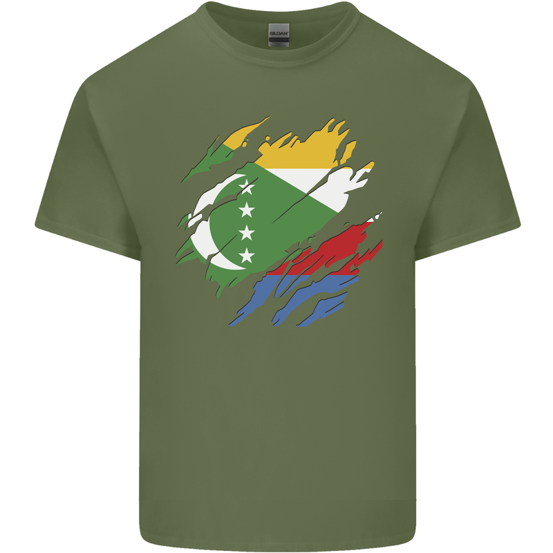 Torn Comoros Flag Comorian Day Football Mens Cotton T-Shirt Tee Top Military Green