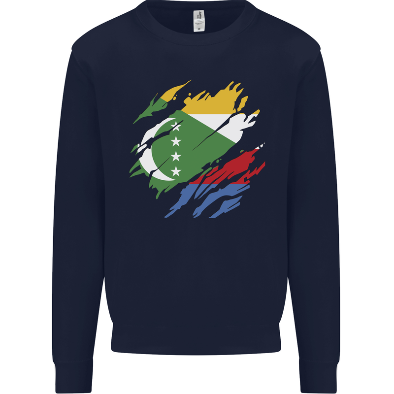 Torn Comoros Flag Comorian Day Football Mens Sweatshirt Jumper Navy Blue
